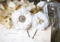 wedding photo -  Bridal Hair Pins - Ivory Fabric Flowers with Pearl and Rhinestone Centers