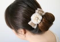 wedding photo -  Sparkling Hair Flower Clip - Pearl and Rhinestone with Gold Sequin Vintage Tulle Trim