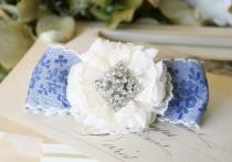 wedding photo -  Rhinestone Bridal Hair Barrette - Something Blue Floral Lace Hair Bow