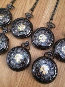 wedding photo - Pocket Watches Set of 8 Personalized Gunmetal Mechanical Mens Pocket watch with chains for Groomsmen