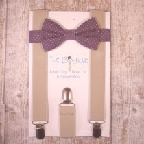 wedding photo - Purple Bow Tie and Suspenders, Purple Polka Dot Bow Tie with Tan Suspenders, Toddler Suspenders, Boy Suspenders, Kids, Wedding, Ring Bearer