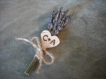 wedding photo - Simple boutonneire of dried lavender with birch bark heart engraved with your initials.