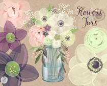 wedding photo - Watercolor mason jar baby breath, anemone, cream rose, hellebores, bouquet florals, clip art, eucalyptus, rustic wedding, invitation