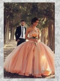 wedding photo - Glitter beading sparkles peach blush color ball gown wedding dress