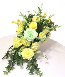 wedding photo -  Cascading bouquet in soft Yellow and baby green paper Roses and Peonies with silk flowers and leaves, Can be made in many different colors