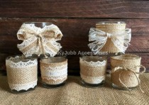 wedding photo -  6 rustic naturlap burlap and lace covered votive tea candles, wedding favor or table decoration