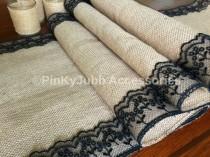 wedding photo -  rustic burlap table runner with black color lace trim, rustic wedding, engagement table decoration runner