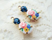 wedding photo - Vintage Pink Rose Bouquet Limoge & Capri Blue Rhinestones in 1 ring Two-Stone Brass Prong Settings 18x8mm - 2