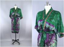 wedding photo - Silk Robe / Silk Sari Robe / Silk Kimono Robe / Vintage Indian Sari / Silk Dressing Gown Wedding Lingerie / Boho Bohemian Green Floral Print