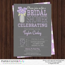wedding photo - Bridal Shower Invitations Purple and Gray with Hydrangea Flowers Typography Vintage Style Printed or Digital File