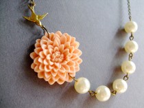 wedding photo - Bridesmaid Jewelry Set,Peach Flower Necklace,For Her,Gift,Ivory Pearl Jewelry,Beadwork,Wedding Party Jewelry Gift (Free matching earrings)
