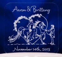 wedding photo - Wedding Cake Topper Custom Engraved Heart Topper with your names and date Bride and Groom with horse topper