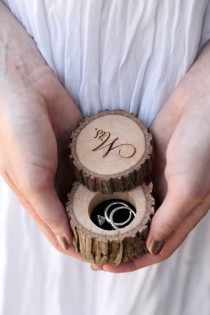 wedding photo -  Engraved Wood Wedding Ring Bearer Slice, Rustic Wooden Ring Holder, Reclaimed Hickory Ring Bearer Pillow - Black Velvet Lined!