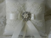 wedding photo - Wedding Ring Bearer Pillow Ivory Chantilly Lace And Ivory Satin With Bridal Brooch Ringbearer Pillow