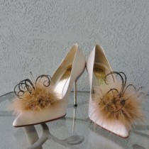 wedding photo - Tan And Gold Marabou Feather Shoe Clips More Colors Available