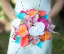 wedding photo - Wedding Coral Orange, Pink and Turquoise Teal Natural Touch Orchids, Callas and Plumerias Silk Flower Bride Bouquet
