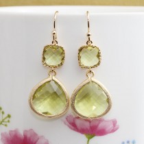 wedding photo - Gold Plated, Simple French Earwire, Square Framed Light Green Glass Stone Connector, Framed Muti Color Cubic Stone Droplet, Earring