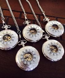 wedding photo - Mens Silver Pocket Watch Set of 5 Personalized Mechanical Watches Groomsmen Gifts Steampunk PKM0W