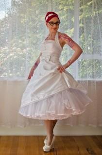 wedding photo - 1950's Rockabilly 'Glenda' Polka Dot Wedding Dress with  Lapels, Bow Belt, Tea Length Skirt and Petticoat - Custom Made to Fit