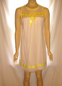 wedding photo - 1950s Vintage white sheer nightie with yellow ribbons embroidery, 50s vintage sleeveless short nightgown, 1950s white yellow sheer lingerie