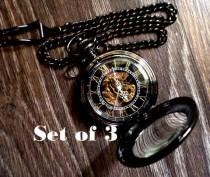 wedding photo - Set of 3 Black Mechanical Magnifier Pocket Watches with Vest Chains Clearance Groomsmen Gift Grooms Corner Wedding Party Ships from Canada