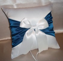 wedding photo - Peacock Blue Accent  White  or Ivory Wedding Ring Bearer Pillow