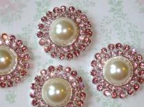 wedding photo - 4 pieces - 25mm Silver Plated Metal Pink ROSE QUARTZ Crystal Pearl Rhinestone Buttons - wedding / hair / garment accessories Flower Center