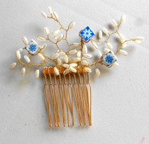 wedding photo - Portugal  Hair Comb with Blue Antique Azulejo Tiles from Porto Ribeira and Ovar- Bridal Wedding - Pearl Spray
