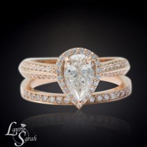 wedding photo - Pear Diamond Engagement Ring, Rose Gold Pear Diamond Ring, Knife Edge Diamond Engagement Ring, Rose Gold Pear Diamond Wedding Set - LS3937
