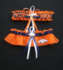 wedding photo - Denver Broncos Fabric  Wedding Garter Set Prom  Football Charm Orange