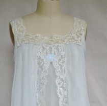 wedding photo - Vintage Babydoll Nightie 1960s Shadowline Teddie Top Pale Blue Nylon with White Sheer Chiffon White Lace Trim Open Front Very Short  Small