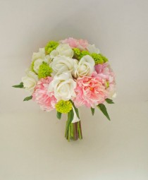 wedding photo - Large Peony Bouquet With Button Mums, 14'', (Pink, Ivory, Green, Chartreuse) Real Touch Peony Wedding Bouquet