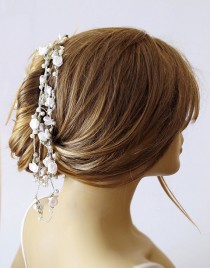 wedding photo - wedding hairband, pearl and rose headband, Bridal, crochet, Headpiece, wedding Accessory, lariat, Boho, Bridesmaids, handmade, bride, gift