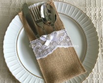 wedding photo -  10 burlap and white color lace rustic silverware holder, wedding, bridal shower, tea party table decoration