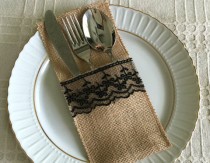 wedding photo -  10 burlap and black color lace rustic silverware holder, wedding, bridal shower, tea party table decoration