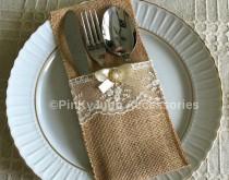 wedding photo -  10 burlap and ivory color lace rustic silverware holder, wedding, bridal shower, tea party table decoration