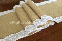 wedding photo -  rustic wedding burlap table runner with white color lace trim, rustic wedding, engagement table decoration runner