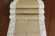 wedding photo -  rustic burlap table runner with ivory color lace trim, rustic wedding, engagement table decoration runner