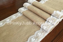 wedding photo -  burlap table runner with ivory color lace trim, rustic wedding, engagement table decoration runner
