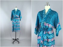 wedding photo - Silk Robe / Silk Sari Robe / Silk Kimono Robe / Vintage Indian Sari / Silk Dressing Gown Wedding Lingerie Boho Bohemian Turquoise Blue Dots