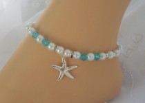 wedding photo - Blue Crystal & Pearl Starfish Anklet Bridesmaid Gift Beach Wedding Bridal Jewelry Starfish Theme Starfish Jewelry