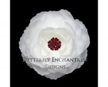 wedding photo - Diamond White English Rose Bridal Hair Flower Clip with Crimson Red Rhinestone Center