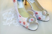 wedding photo - White silver Wedding shoes , red daisies shoes, silver polka dots, silver dot pattern , white satin shoes, rhinestone brooch shoes, painted
