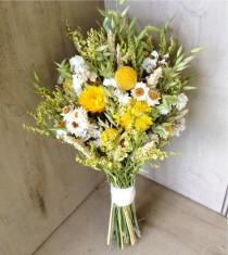 wedding photo - Simple fall bridal bouquet of Wheat, Craspedia and dried flowers for your autumn wedding.
