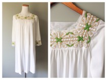 wedding photo - Vintage Lingerie Night Gown Embroidered Yoke Neck Dress 1960s Negligee White Nightgown Nylon Pajama Party One Size Small Medium Large XL