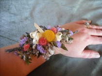 wedding photo - All natural dried flower wrist corsage. Made with spring garden flowers and herbs.