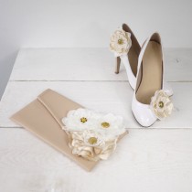 wedding photo - Custom Rustic Wedding Nude Clutch with Matching Nude Shoe Clips