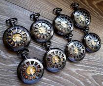 wedding photo - Set of 7 Black Mechanical Pocket Watches with Copper Dial and Watch Chains Clearance Groomsmen Gift Best Wedding Party Gift Grooms Corner