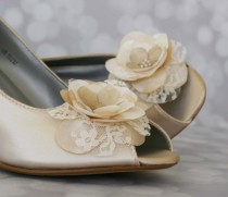 wedding photo - Flower Wedding Shoes -- Champange Peep Toe Custom Wedding Wedges with Ivory and Champagne Flower on Toe and Pearl Buttons