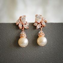 wedding photo - Rose Gold Bridal Earrings, Art Deco Crystal Wedding Earrings, Swarovski Pearl Drop Earring,  Zirconia Earrings, Wedding Jewelry, HONORA